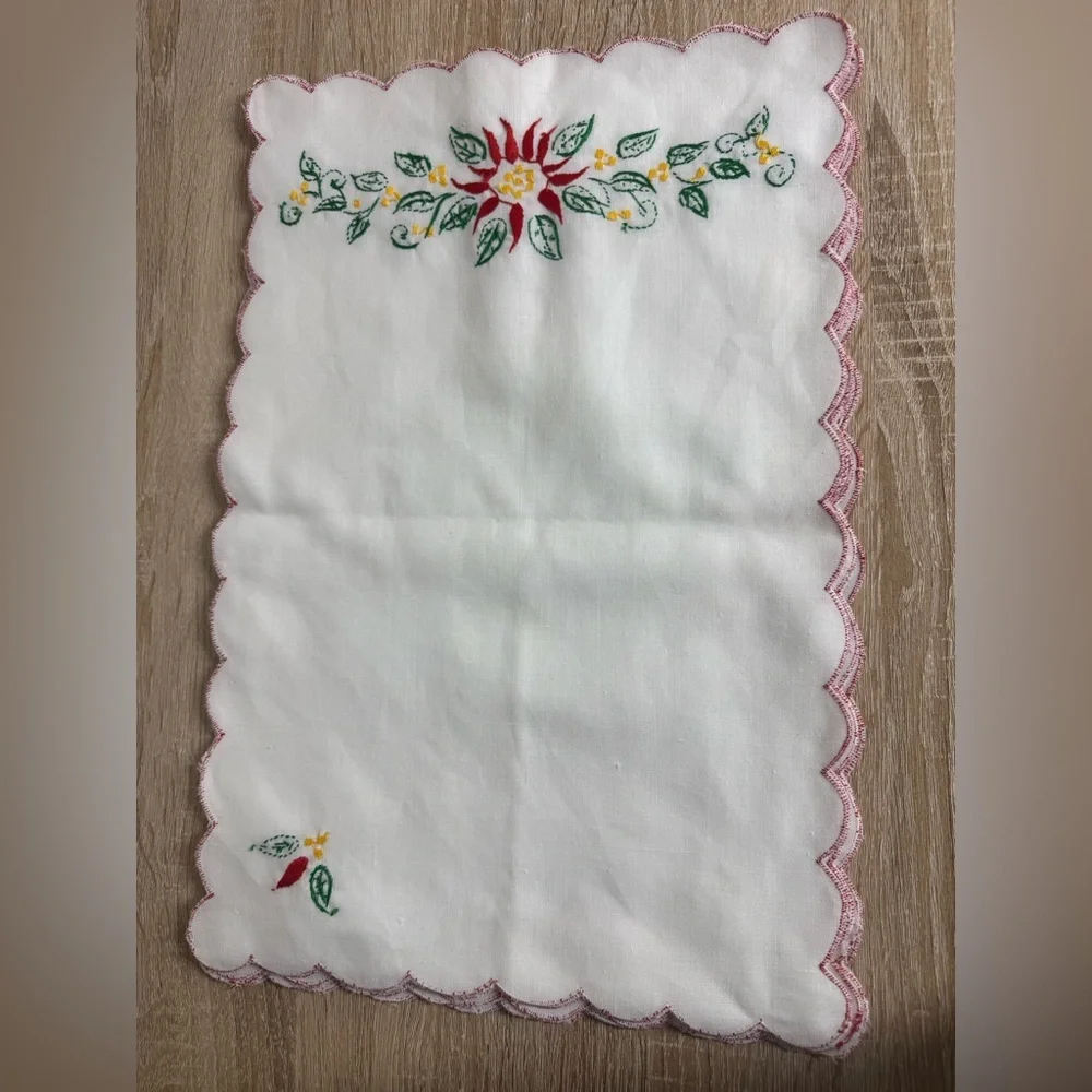 Vintage Lot Of 6 Embroidered Floral Handkerchief Napkin Red Scalloped Trim White